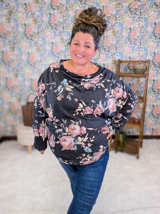 2- Long Sleeve Tops Liza Slouchy Off Shoulder Top in Faded Black Floral plus size clothing