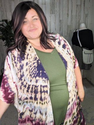 Logan Tiedye Kimono in Berry Green Blend-4- Overlayer Tops-urbanista-Styled by Stacked - A Plus Size Women's Boutique in Lakeville, MN
