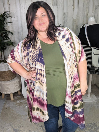 Logan Tiedye Kimono in Berry Green Blend-4- Overlayer Tops-urbanista-Styled by Stacked - A Plus Size Women's Boutique in Lakeville, MN