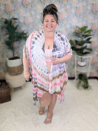 Logan Tiedye Kimono in Pink, Denim Blue, Purple + Mocha-4- Overlayer Tops-urbanista-Styled by Stacked - A Plus Size Women's Boutique in Lakeville, MN