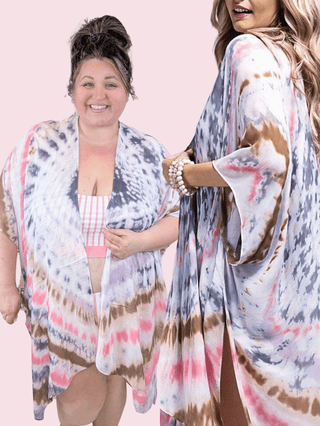 Logan Tiedye Kimono in Pink, Denim Blue, Purple + Mocha-4- Overlayer Tops-urbanista-Styled by Stacked - A Plus Size Women's Boutique in Lakeville, MN