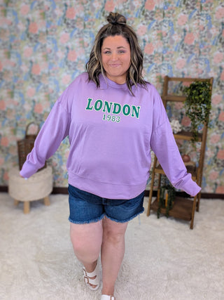 6- Graphic Tops London Scuba Pullover in Lilac plus size clothing