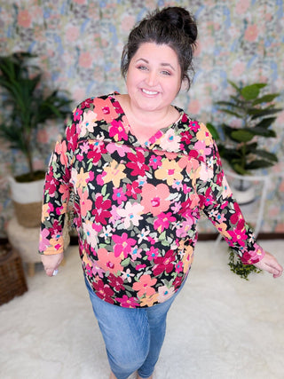 Lori Double Vee Dolman in Bold Floral on Black-2- Long Sleeve Tops-BE STAGE-Styled by Stacked - A Plus Size Women's Boutique in Lakeville, MN