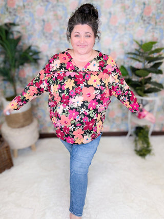 Lori Double Vee Dolman in Bold Floral on Black-2- Long Sleeve Tops-BE STAGE-Styled by Stacked - A Plus Size Women's Boutique in Lakeville, MN