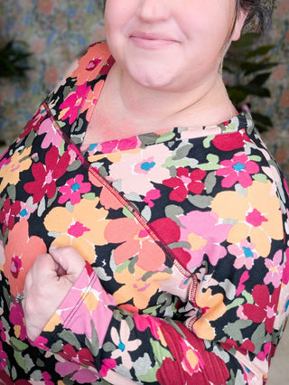 Lori Double Vee Dolman in Bold Floral on Black-2- Long Sleeve Tops-BE STAGE-Styled by Stacked - A Plus Size Women's Boutique in Lakeville, MN