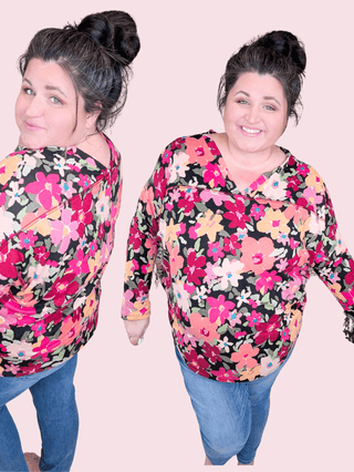 Lori Double Vee Dolman in Bold Floral on Black-2- Long Sleeve Tops-BE STAGE-Styled by Stacked - A Plus Size Women's Boutique in Lakeville, MN