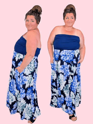 11- Dress/Romp/Jump Lorie Strapless Floral Maxi Dress in Navy plus size clothing