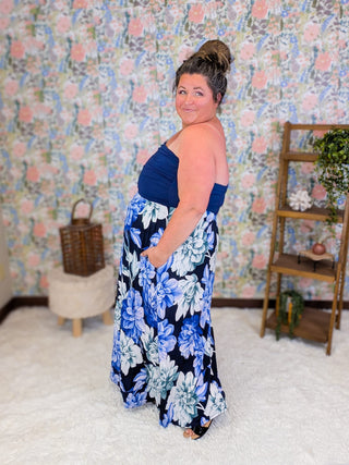 11- Dress/Romp/Jump Lorie Strapless Floral Maxi Dress in Navy plus size clothing