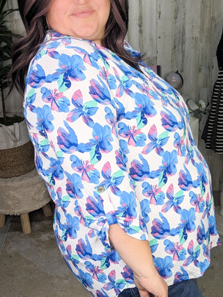 Lottie 3/4 Sleeve Gabby Neckline Blouse in Ivory Florals (2 colors)-1- ShortSlv/Slvless Tops-WHITE BIRCH-Styled by Stacked - A Plus Size Women's Boutique in Lakeville, MN