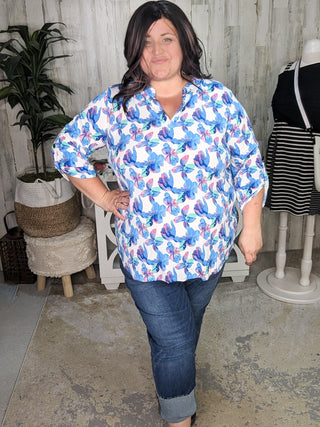 Lottie 3/4 Sleeve Gabby Neckline Blouse in Ivory Florals (2 colors)-1- ShortSlv/Slvless Tops-WHITE BIRCH-Styled by Stacked - A Plus Size Women's Boutique in Lakeville, MN
