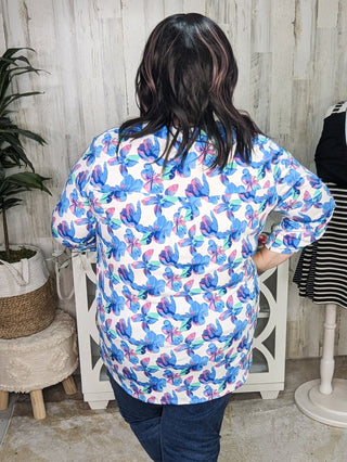 Lottie 3/4 Sleeve Gabby Neckline Blouse in Ivory Florals (2 colors)-1- ShortSlv/Slvless Tops-WHITE BIRCH-Styled by Stacked - A Plus Size Women's Boutique in Lakeville, MN