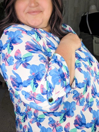 Lottie 3/4 Sleeve Gabby Neckline Blouse in Ivory Florals (2 colors)-1- ShortSlv/Slvless Tops-WHITE BIRCH-Styled by Stacked - A Plus Size Women's Boutique in Lakeville, MN
