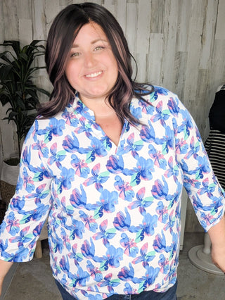 Lottie 3/4 Sleeve Gabby Neckline Blouse in Ivory Florals (2 colors)-1- ShortSlv/Slvless Tops-WHITE BIRCH-Styled by Stacked - A Plus Size Women's Boutique in Lakeville, MN