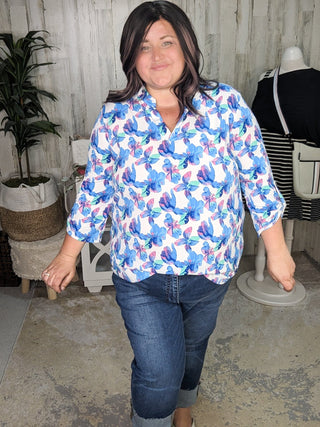 Lottie 3/4 Sleeve Gabby Neckline Blouse in Ivory Florals (2 colors)-1- ShortSlv/Slvless Tops-WHITE BIRCH-Styled by Stacked - A Plus Size Women's Boutique in Lakeville, MN