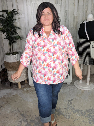 Lottie 3/4 Sleeve Gabby Neckline Blouse in Ivory Florals (2 colors)-1- ShortSlv/Slvless Tops-WHITE BIRCH-Styled by Stacked - A Plus Size Women's Boutique in Lakeville, MN