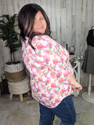 Lottie 3/4 Sleeve Gabby Neckline Blouse in Ivory Florals (2 colors)-1- ShortSlv/Slvless Tops-WHITE BIRCH-Styled by Stacked - A Plus Size Women's Boutique in Lakeville, MN