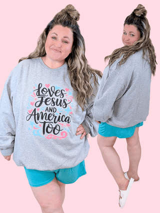 6- Graphic Tops Loves Jesus & America Too Crewneck Pullover *DOORBUSTER* plus size clothing