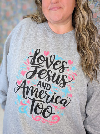 6- Graphic Tops Loves Jesus & America Too Crewneck Pullover *DOORBUSTER* plus size clothing