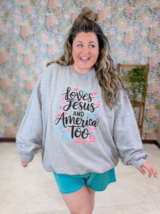 6- Graphic Tops Loves Jesus & America Too Crewneck Pullover *DOORBUSTER* plus size clothing