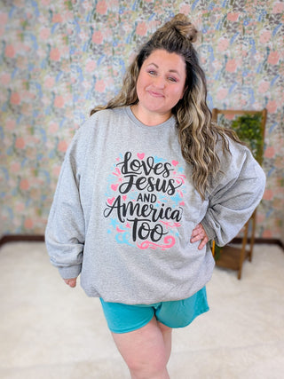 6- Graphic Tops Loves Jesus & America Too Crewneck Pullover *DOORBUSTER* plus size clothing