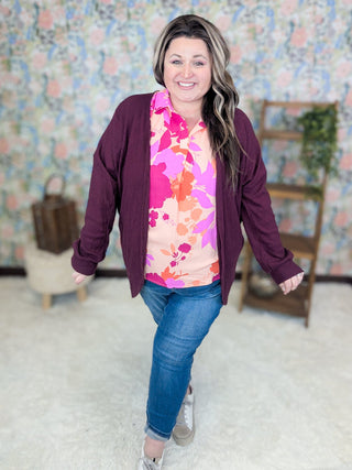Lucille Short Sleeve Collared Blouse in Fuchsia, Coral + Peach Floral-1- ShortSlv/Slvless Tops-WHITE BIRCH-Styled by Stacked - A Plus Size Women's Boutique in Lakeville, MN