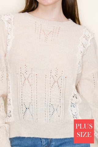 2- Long Sleeve Tops Luella Lace Accent Sweater in Natural Beige plus size clothing