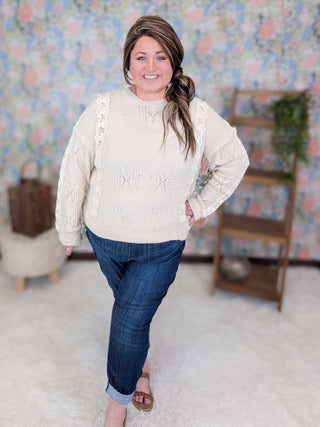 2- Long Sleeve Tops Luella Lace Accent Sweater in Natural Beige plus size clothing