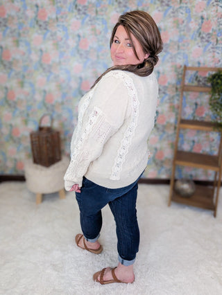 2- Long Sleeve Tops Luella Lace Accent Sweater in Natural Beige plus size clothing