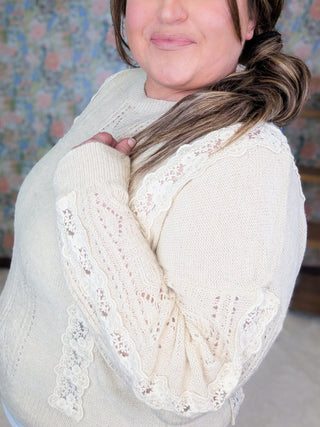 2- Long Sleeve Tops Luella Lace Accent Sweater in Natural Beige plus size clothing