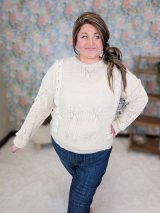 2- Long Sleeve Tops Luella Lace Accent Sweater in Natural Beige plus size clothing