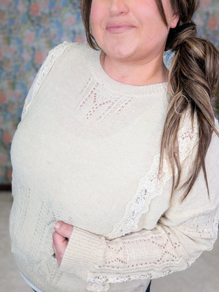 2- Long Sleeve Tops Luella Lace Accent Sweater in Natural Beige plus size clothing