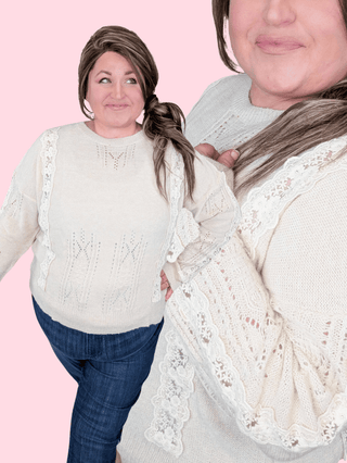 2- Long Sleeve Tops Luella Lace Accent Sweater in Natural Beige plus size clothing