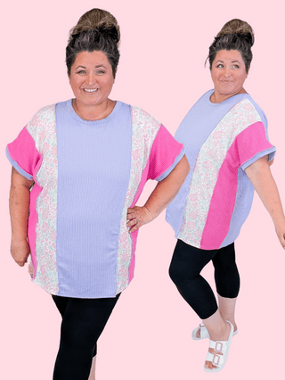 1- ShortSlv/Slvless Tops Lulu Vertical Block Dolman in Lilac + Floral plus size clothing