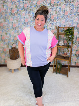 1- ShortSlv/Slvless Tops Lulu Vertical Block Dolman in Lilac + Floral plus size clothing