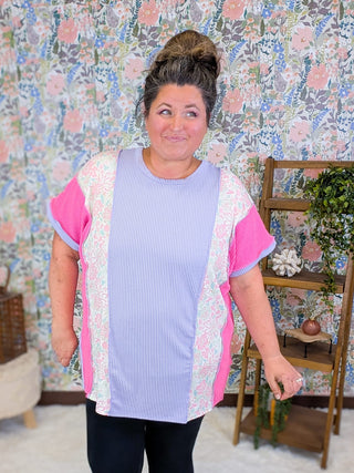 1- ShortSlv/Slvless Tops Lulu Vertical Block Dolman in Lilac + Floral plus size clothing