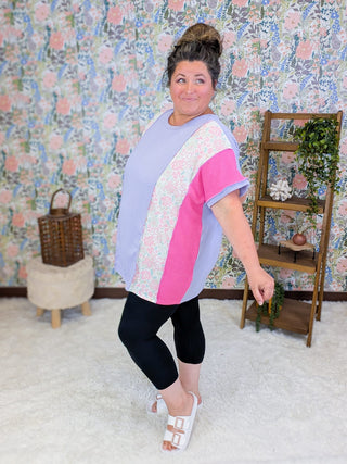 1- ShortSlv/Slvless Tops Lulu Vertical Block Dolman in Lilac + Floral plus size clothing