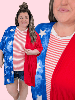 4- Overlayer Tops Luna Americana Open Cardigan in Red + Stars plus size clothing