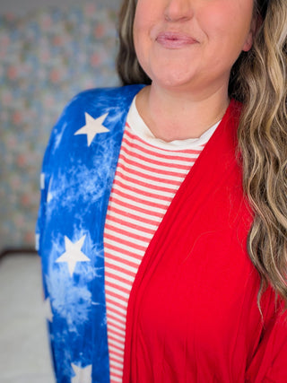 4- Overlayer Tops Luna Americana Open Cardigan in Red + Stars plus size clothing