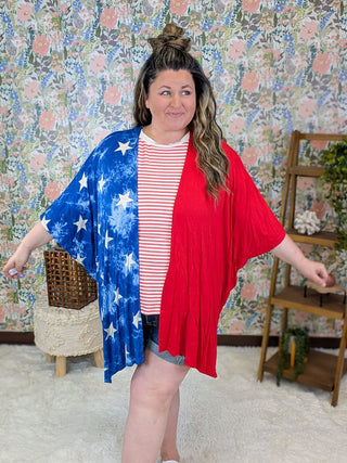4- Overlayer Tops Luna Americana Open Cardigan in Red + Stars plus size clothing