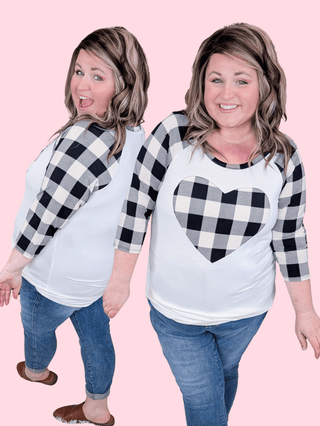 Luna Plaid Heart 3/4 Sleeve Raglan-2- Long Sleeve Tops-HEIMISH-Styled by Stacked - A Plus Size Women's Boutique in Lakeville, MN