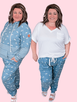 Luxe Triple Stretch Joggers in Teal Bows plus size clothing