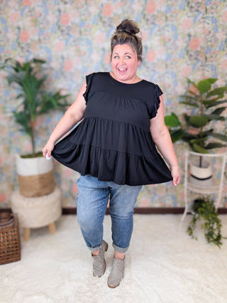 Lynn Flowy Tiered Flutter Sleeve Top in Solid Black-1- ShortSlv/Slvless Tops-HEIMISH-Styled by Stacked - A Plus Size Women's Boutique in Lakeville, MN