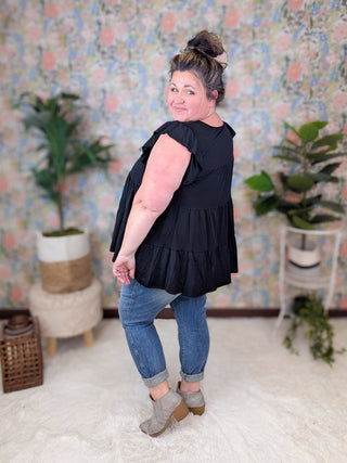 Lynn Flowy Tiered Flutter Sleeve Top in Solid Black-1- ShortSlv/Slvless Tops-HEIMISH-Styled by Stacked - A Plus Size Women's Boutique in Lakeville, MN