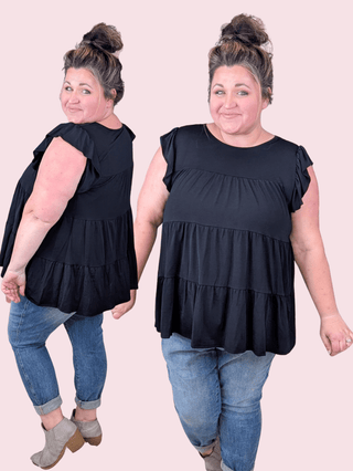 Lynn Flowy Tiered Flutter Sleeve Top in Solid Black-1- ShortSlv/Slvless Tops-HEIMISH-Styled by Stacked - A Plus Size Women's Boutique in Lakeville, MN