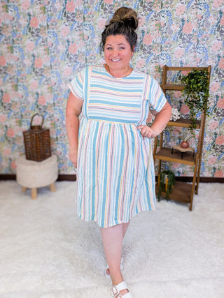 11- Dress/Romp/Jump Macy Aqua Multi Stripe Short Sleeve Dress plus size clothing
