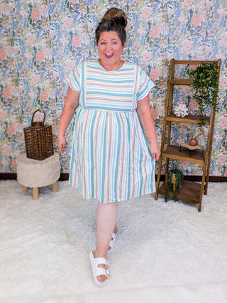 11- Dress/Romp/Jump Macy Aqua Multi Stripe Short Sleeve Dress plus size clothing