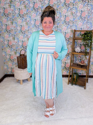 11- Dress/Romp/Jump Macy Aqua Multi Stripe Short Sleeve Dress plus size clothing
