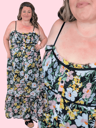 11- Dress/Romp/Jump Maddie Smocked Maxi in Black Wildflower plus size clothing