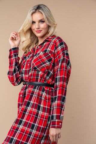 Madeline Buttondown Shirt Dress in Red + Black Plaid-11- Dress/Romp/Jump-WHITE BIRCH-Styled by Stacked - A Plus Size Women's Boutique in Lakeville, MN