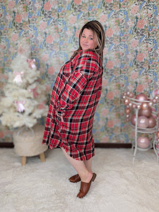 Madeline Buttondown Shirt Dress in Red + Black Plaid-11- Dress/Romp/Jump-WHITE BIRCH-Styled by Stacked - A Plus Size Women's Boutique in Lakeville, MN